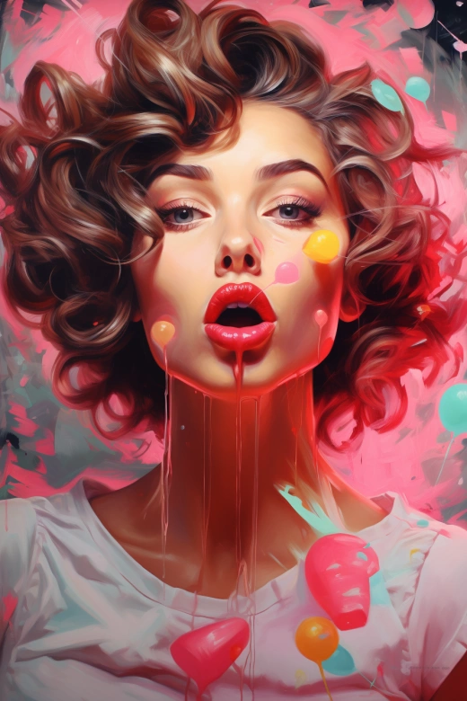 “涂鴉風格的藝術App，屏幕上展現出一個女孩嚼著口香糖的多張照片，結合熒光好萊塢肖像、浪漫涂鴉、噴漆藝術和復古風，獨具魅力，包圍著一個形狀。”