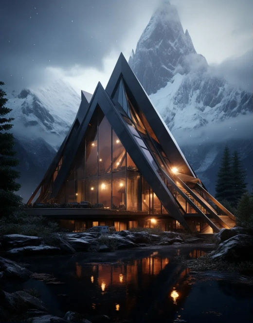 未来风格雪山顶别墅，黑暗神秘设计师打造，大自然灵感，现代庇护所，锋利几何，美得令人难以置信，宗教建筑之美。
