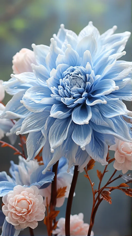淺藍色牡丹花：圓潤飽滿，花瓣清晰，根部通透。優(yōu)雅如牡丹，水珠閃爍，治愈、細膩而真實。高清圖片展示。