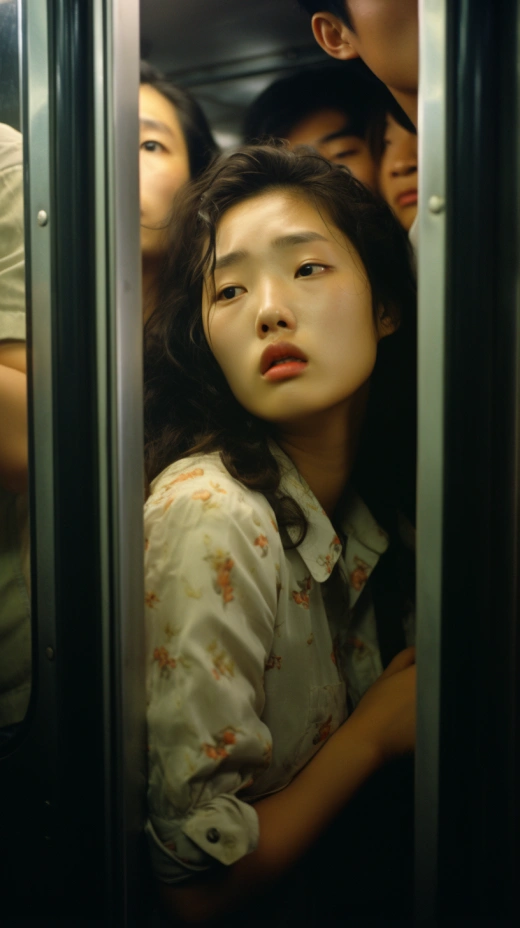夏日地鐵壓力：一位22歲迷人的韓國女孩，身材肥胖，側面形象，被幾個陌生人擠在地鐵里。她面帶深深的痛苦表情，地鐵內的照明隨機變化，創造出明亮而不穩定的氛圍。2023年，35mm鏡頭，逼真風格，柯達4K膠片。