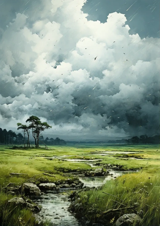 一幅描绘绿色田野的安妮·帕克德风格水彩画，托马斯·德温作品，灰色与蓝色氛围，加布里埃尔·维特尔，柯达视觉3 200T。