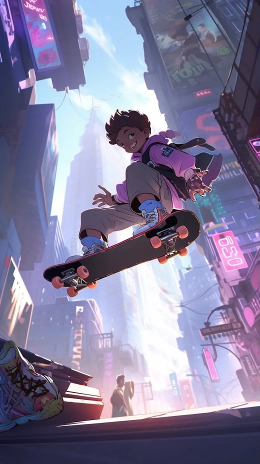 未来之城：高跟少年的滑板之旅，科幻风格渲染，魅力角色齐聚。