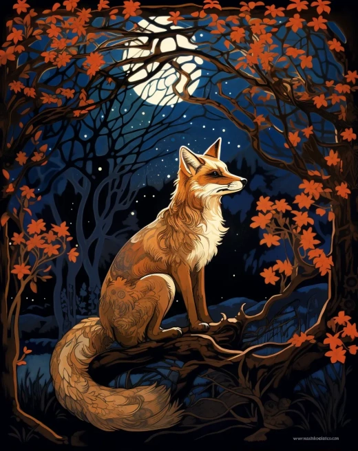 夜林狐狸：新艺术风格插图