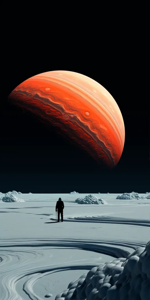 宇航員在熱帶衛星上遠眺環狀氣態巨行星