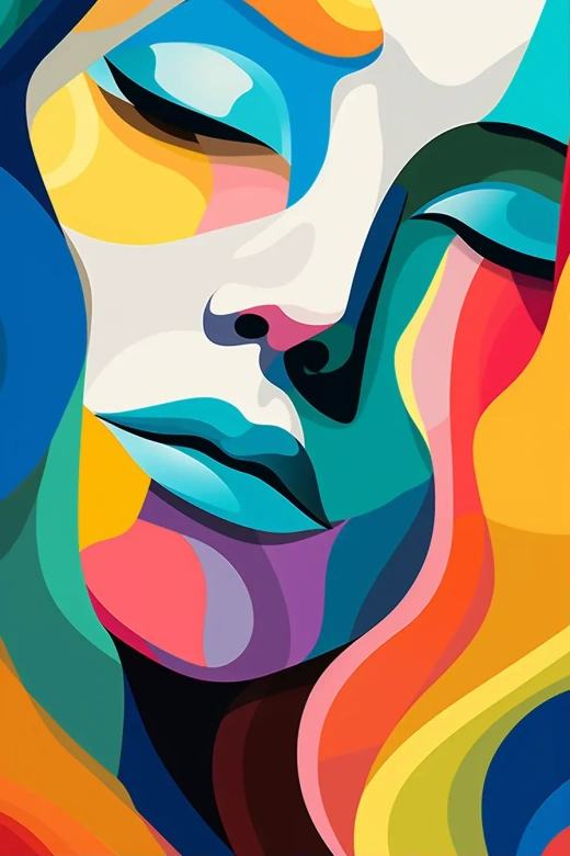 现代抽象艺术设计：男女面孔彩色独特风格，极简主义海报设计