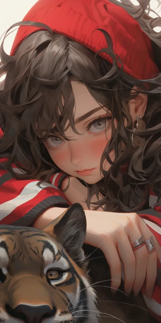 紅灰色彩，長卷發(fā)少女，黑眸如虎的少女畫像
