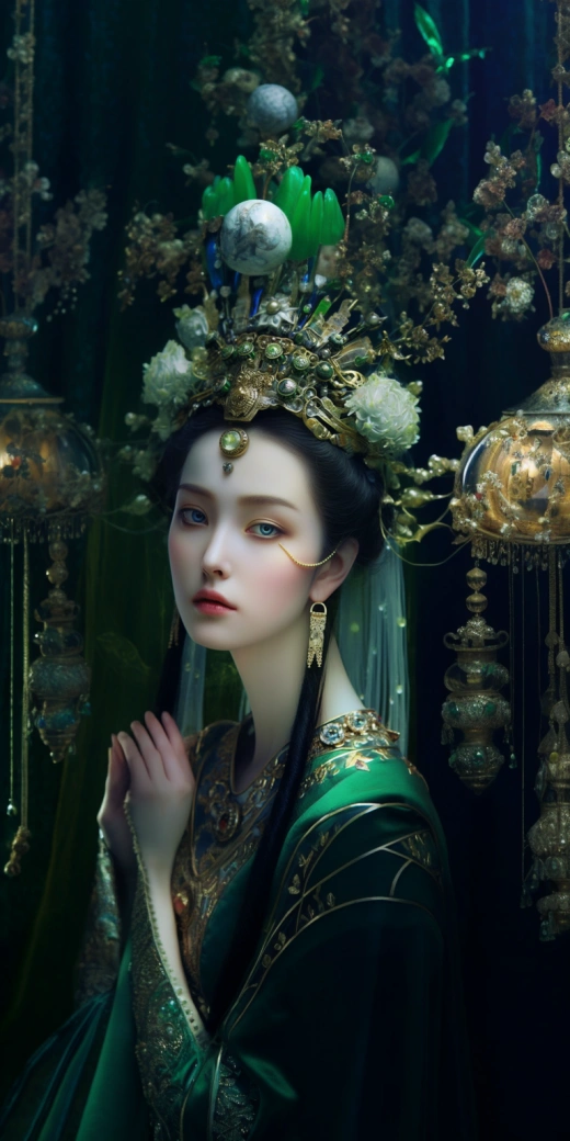 美麗愛之女神肖像，碧綠眼眸如星，張靜娜攝影之奇跡，璀璨寶石冠雕琢。