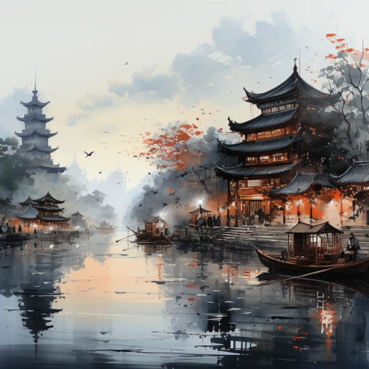 古韻悠揚，寒山寺外古城孤舟，午夜鐘聲引游子