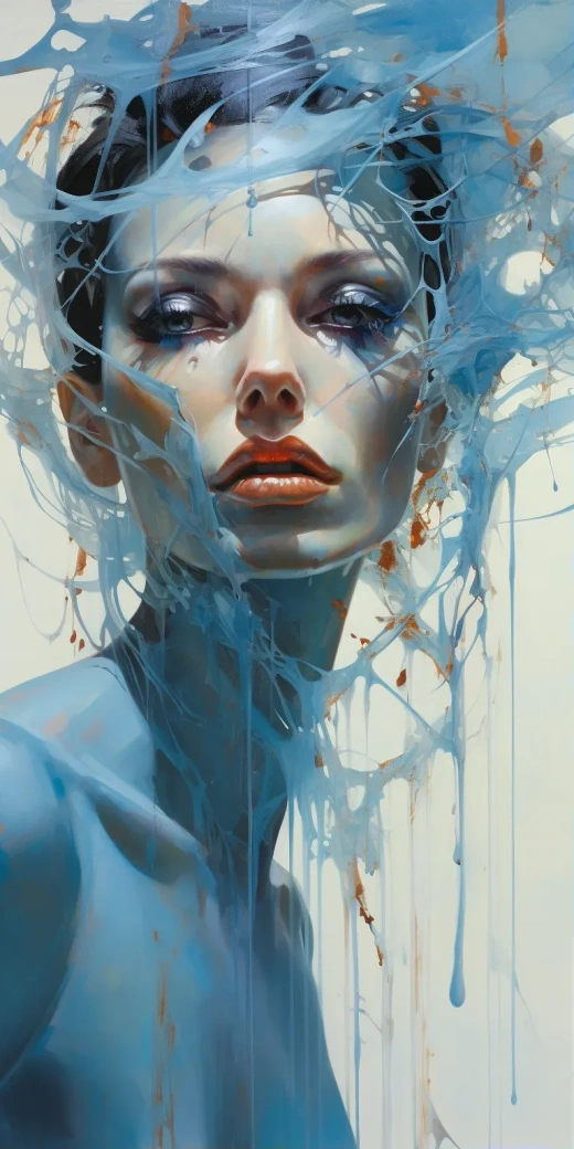 萨尔瓦多·达利灵感画《蓝色蜘蛛女》近距离构图，扭曲现实，超现实主义，苗条，蓝色，绿松石，纹理丰富，多层次元素，动态构图。