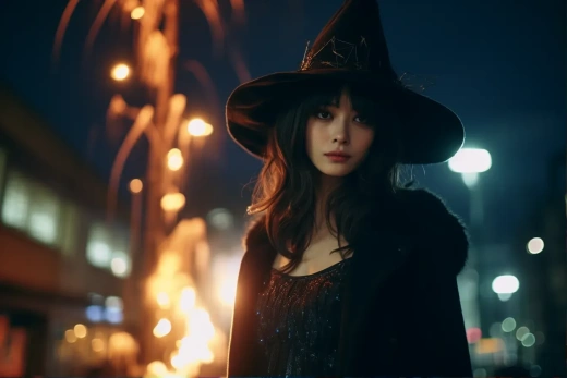 万圣节之夜，日本城市夜晚神秘女巫摄影，胶片捕捉自然光4K HDR高清画面