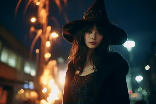 萬圣節之夜，日本城市夜晚神秘女巫攝影，膠片捕捉自然光4K HDR高清畫面