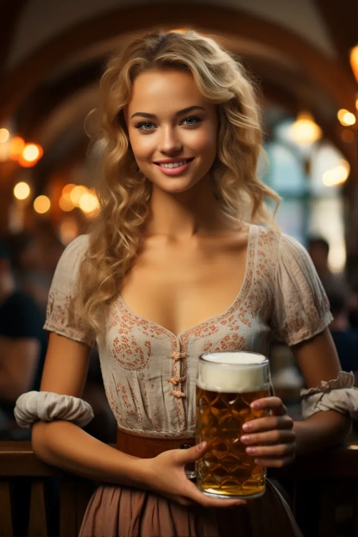 慕尼黑啤酒节上，一位可爱的巴伐利亚女孩手捧玛什啤酒，周围人们欢庆。画面以柔和的色调为主，充满神秘感。采用超高清、32k照片级真实感和HDR高动态范围渲染技术，呈现出极致细腻的细节。
