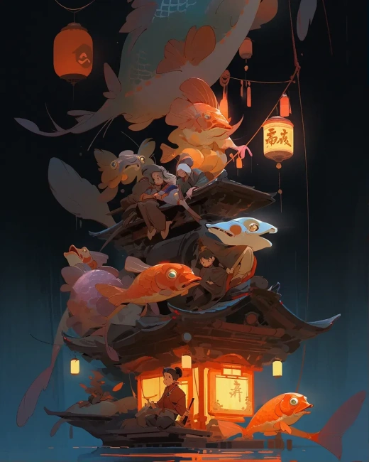 东方幻想：龙舟、鲤鱼灯、花船与古韵古城，色彩斑斓的灯笼照亮了夜晚，犹如一场视觉盛宴。