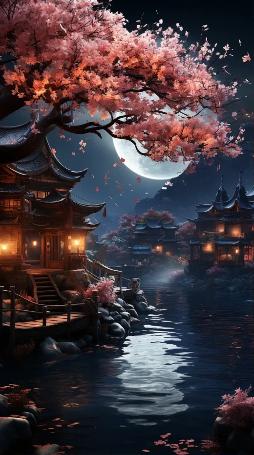 江南水鄉古韻夜泊，細膩描繪與電影燈光效果相映成趣。超廣角鏡頭捕捉古鎮風貌，8K真實CG渲染展現古典韻味。