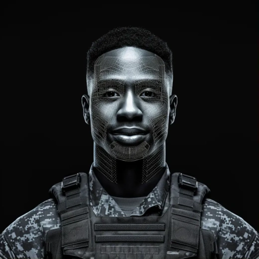 黑色美國陸軍士兵的科技笑臉，短發與藍圖圖案相映成趣