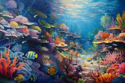 美麗油畫：珊瑚礁魚兒嬉水，迷人熱帶海洋場景，引人入勝之旅。