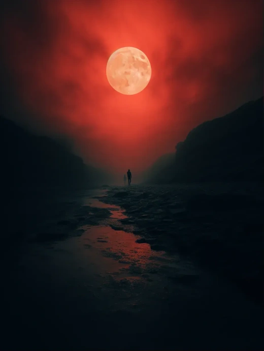 極簡主義：巨大紅月與黑冰霧的模糊照片