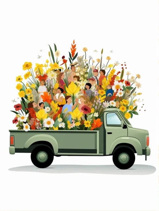 花車滿載鮮花，人們歡聚采摘，幸福洋溢