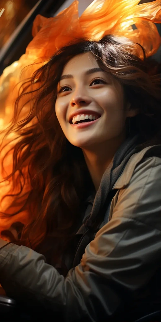一位中國女士駕駛汽車，微笑如畫，柔和的光線照耀著她。這是安德烈·西庫特（Andrzej Sykut）的作品《S 750 - AR 1:2 風格：原始 版本：V 5.2》，色彩豐富且可愛。