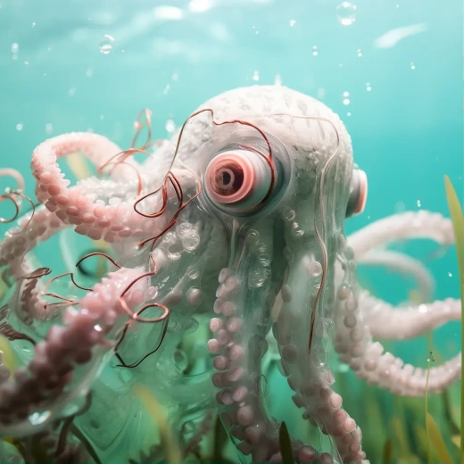 逼真特寫：塑料人與彩色八爪魚共游碧海，泡沫四溢