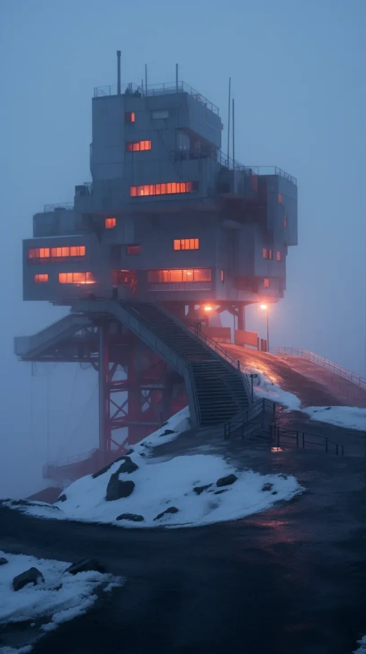 索尼DSLR摄影：中世纪法国灵感，未来主义雪地南极雾夜建筑，粗野主义风格