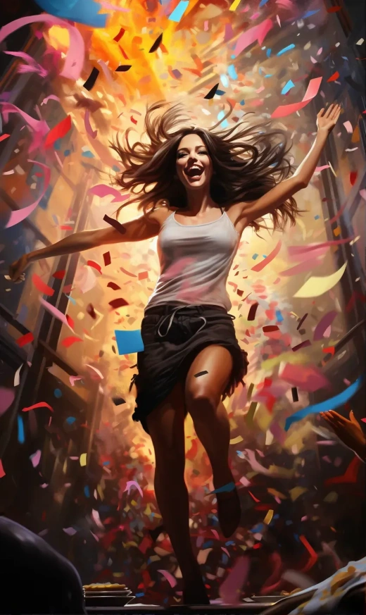 美女躍出五彩生日蛋糕，歡樂慶典，炫彩氣球與彩帶，動感畫筆與氣溶膠效果，多閃燈展示，活潑可愛。