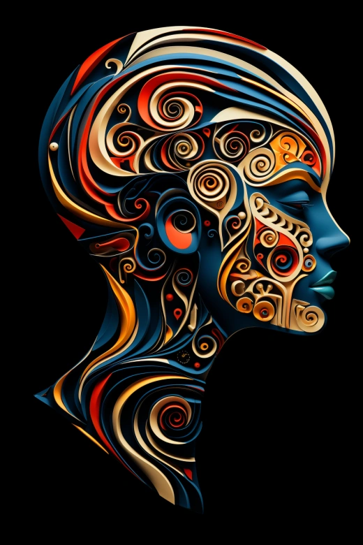 迷幻色彩的真實頭像剪影雕塑，在黑色背景上的部落抽象風格，流動剪影，藍紅黃，當代雕塑中的復雜筆觸與數字增強，呈現立體深度