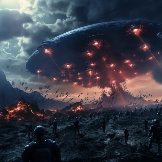 外星人軍隊(duì)瘋狂追擊地球軍隊(duì)，士兵驚慌失措逃竄。天空中布滿了逼真的外星戰(zhàn)艦，連續(xù)發(fā)射激光光束。