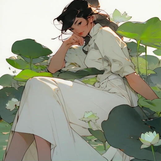 古典風格女性肖像：荷葉前的白裙女子，清新夢幻