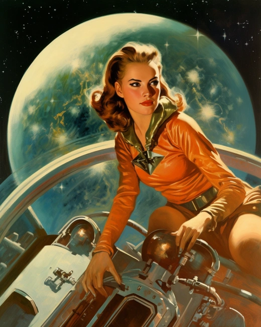 “星際女俠：宇宙中的閃亮航行”，將吉爾·埃爾維格倫、弗蘭克·弗拉澤塔和理查德·科本的風(fēng)格融入原子朋克火箭核心的未來(lái)科幻，打造出引人入勝的科幻小說(shuō)封面形象。