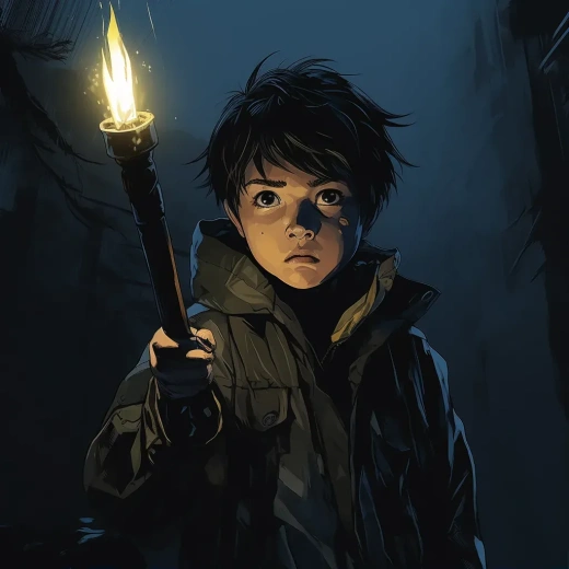 《黑夜惊魂》——手持手电筒的小男孩，背景是阴暗的院子，雷雨交加之夜，恐惧的表情。