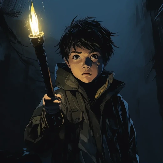 《黑夜驚魂》——手持手電筒的小男孩，背景是陰暗的院子，雷雨交加之夜，恐懼的表情。
