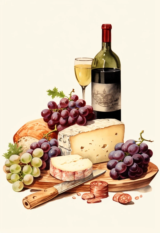 美食藝術：復古插圖下的美酒、奶酪、葡萄、火腿，真實味蕾的歡愉。