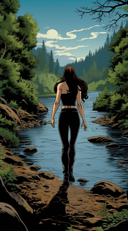 《黑发女子漫步河边：约翰·卡萨达的浪漫插画》