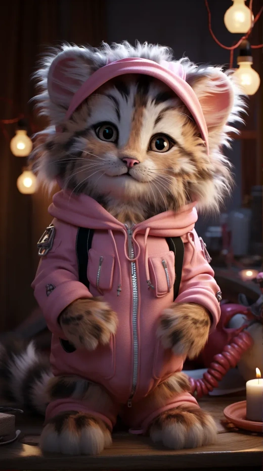 Pixar風格可愛小老虎睡衣戴粉色帽子，8K高清逼真3D插圖，巴蒂斯·蒙奇，現實與戲劇性光影的完美結合。