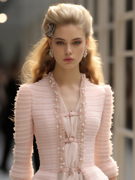 “充滿魅力的長發美女，穿著Chanel 2012年秋季高級定制，輕粉和青銅色調，俏皮又典雅，如夢幻的淡洋紅與白相映生輝，呈現真實的盛世之美！”