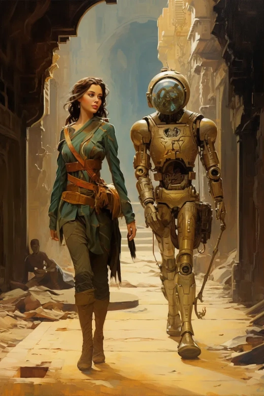 1940年代復古科幻風格繪畫：女探險家與金屬機器人助手探索外星人廢墟宮殿