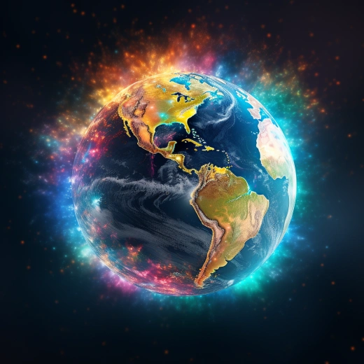 萬物和諧，宇宙共振，地球完美頻率528Hz，宛若3D照片般絢麗，太陽柔和光線照耀，明亮的淡彩色調(diào)，超現(xiàn)實(shí)Memphis風(fēng)格，8K高清呈現(xiàn)。