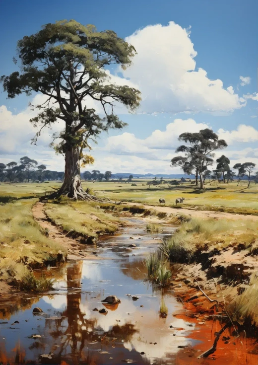 James Pradier风格1900-1917年风景画，John Constable式树木与云彩，Harold Harvey作品《Die Brake》高清图像。