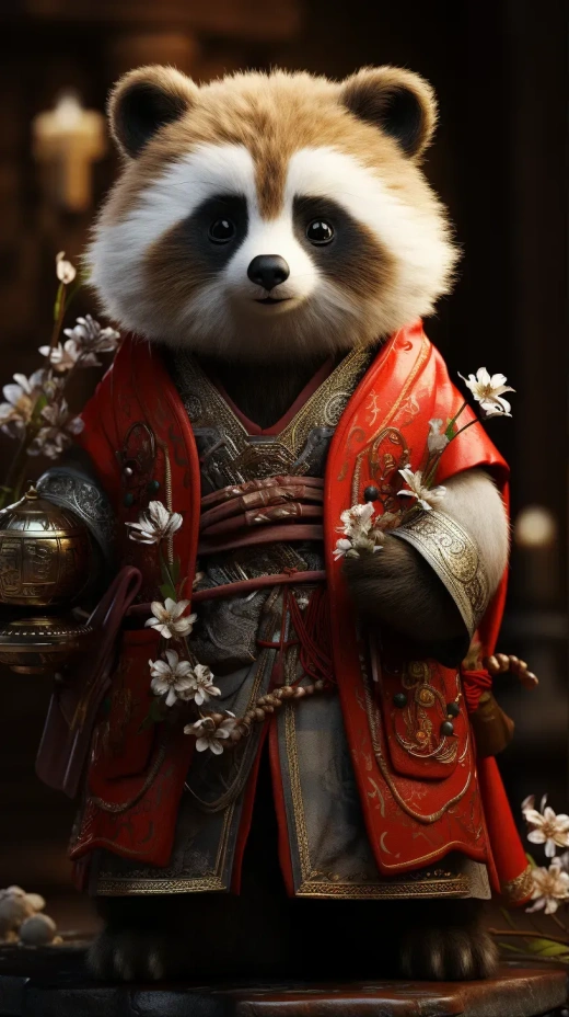 超可愛熊貓紅漢服武動造型，8K高清VRAY渲染，谷歌眼鏡3D全息投影