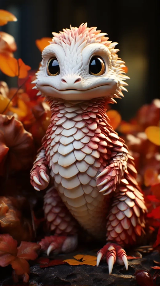 超萌白蛇寶寶：Pixar風格，紅楓葉背景，虛幻引擎5渲染