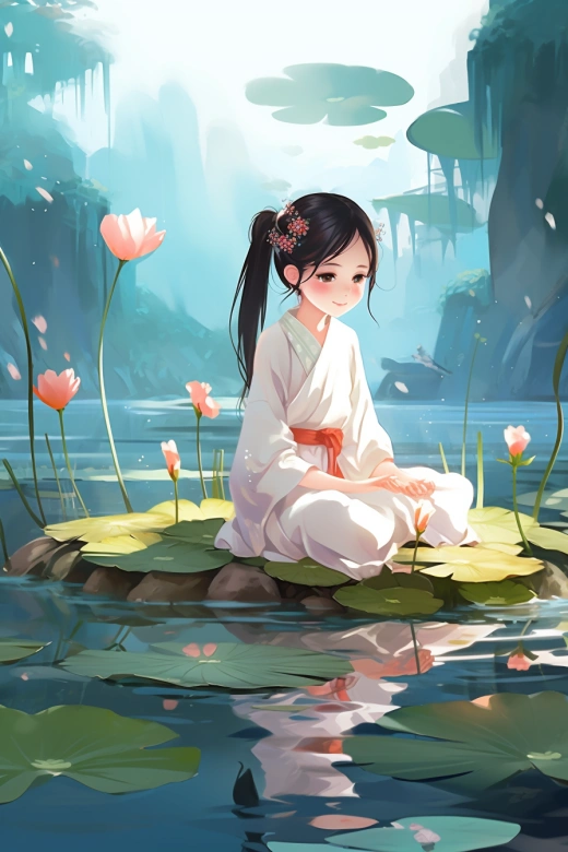 唯美繪畫：漢服少女蓮池祈福，精致細節32k，多彩水彩幻想，屏印風格唯美炫麗。