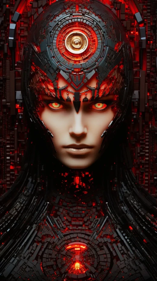 未來主義機器人瓦基里人拼貼肖像：紅眼炯炯，表情凝重