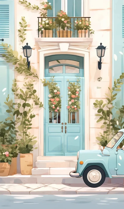 门前花盆盛开的汽车与淡蓝色木门