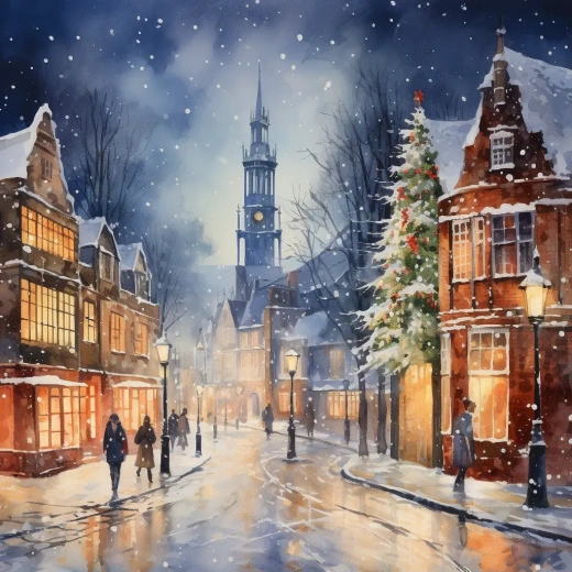 雪夜圣诞：1940年代老城水彩画杰作