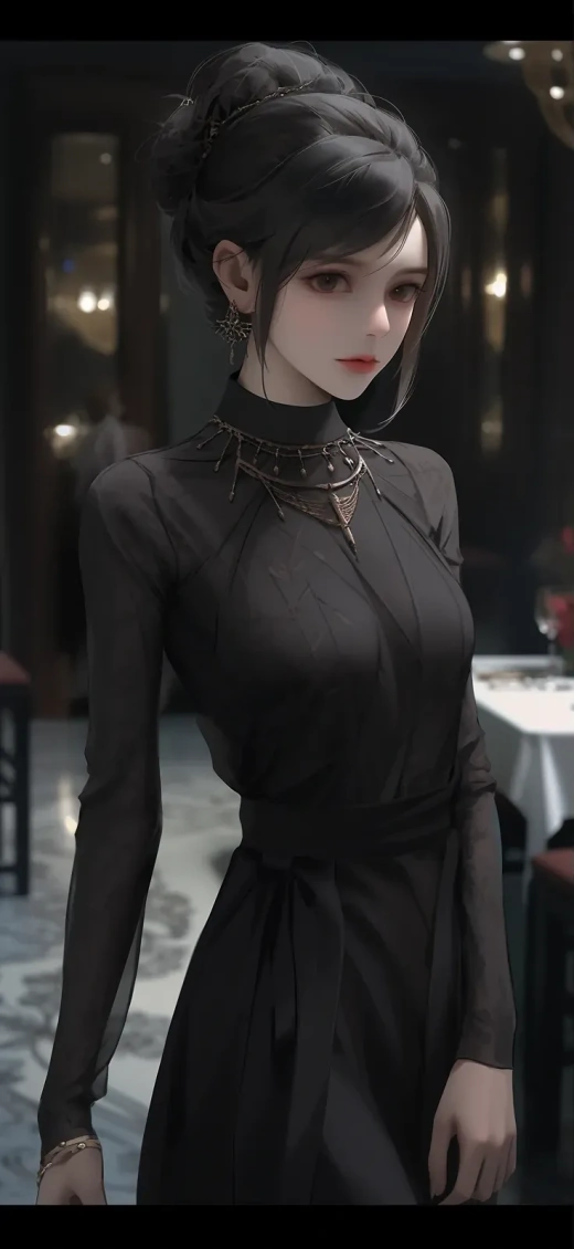 黑色禮服女士在黑暗學術風格室內擺拍，工筆風，深銅灰調，背對焦點，粉絲文化，自然氛圍，工業時尚。
