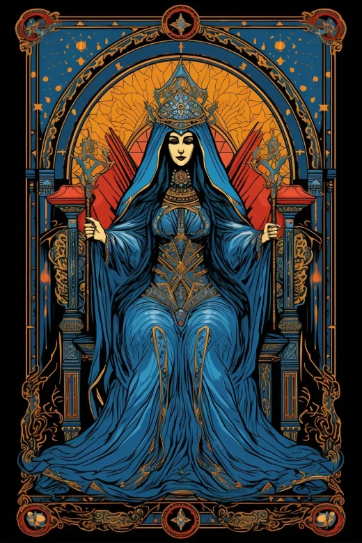 波斯皇后塔罗牌：红蓝风格，粗线条，亚伯拉罕·拉特纳，南北朝时期，美国象征学，精细微型插图，木刻版画，对称美。