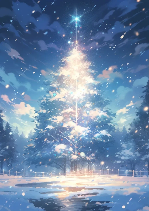 冬日雪景中的圣诞树：壮丽背景下的淡蓝与绿