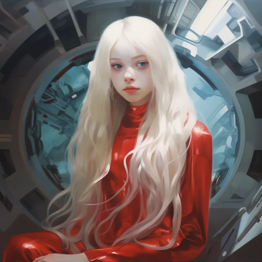 七岁瘦公主的纯真肖像：未来太空船上的科幻红礼服
