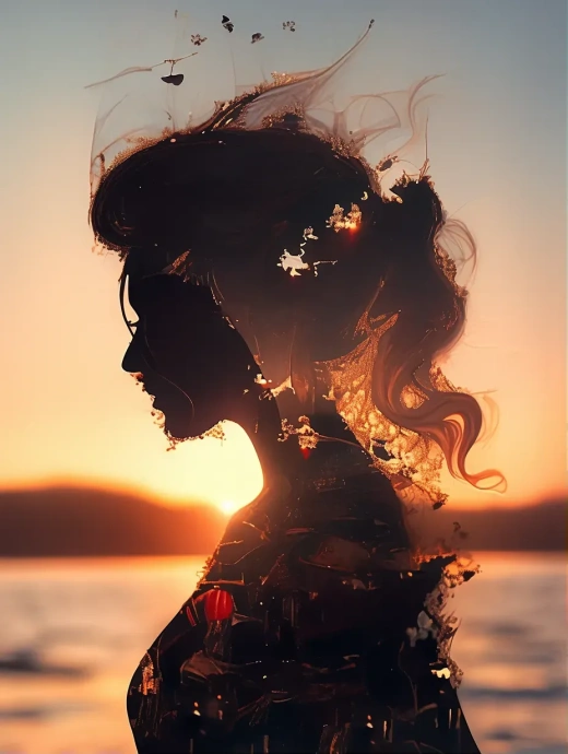 女性剪影中的金屬韻律：海灘落日雙曝光幻想